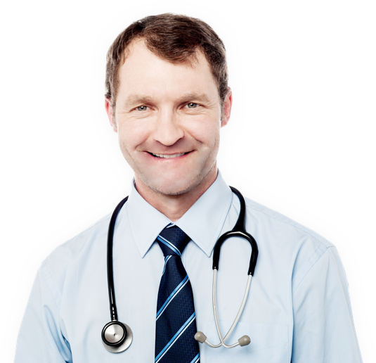 male doctor with stethoscope draped around neck